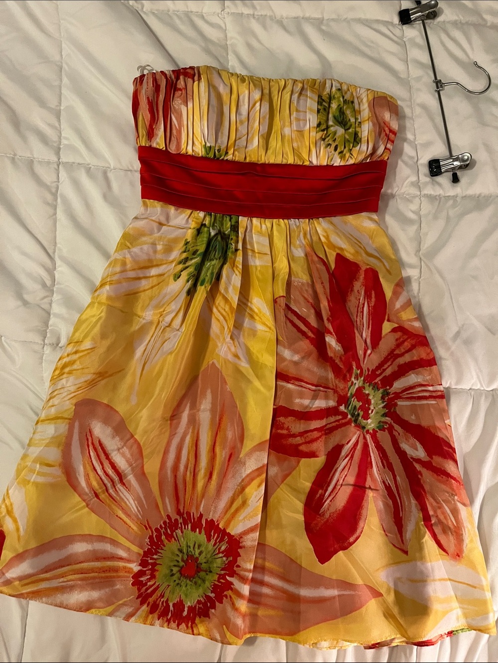 BCBG Paris Yellow Strapless 100% Silk Floral Dress with Red Sash